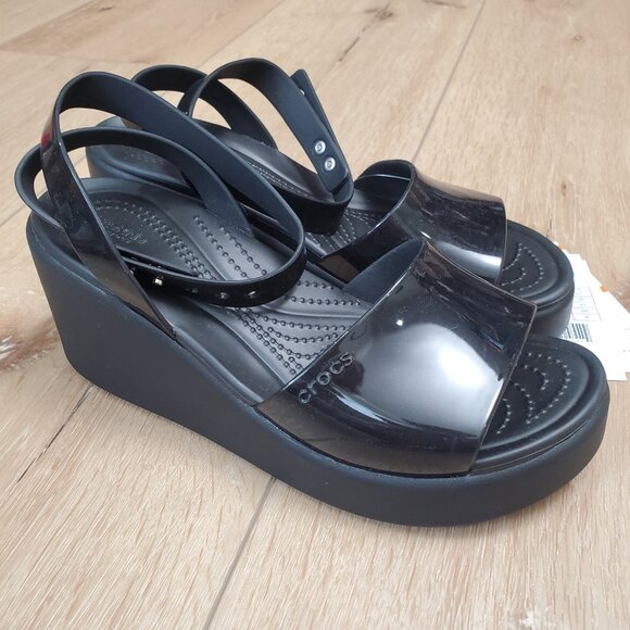 Crocs Brooklyn High Shine Ankle Strap Womens Wedge Black US Size 7 Shiny Heel - Picture 3 of 12